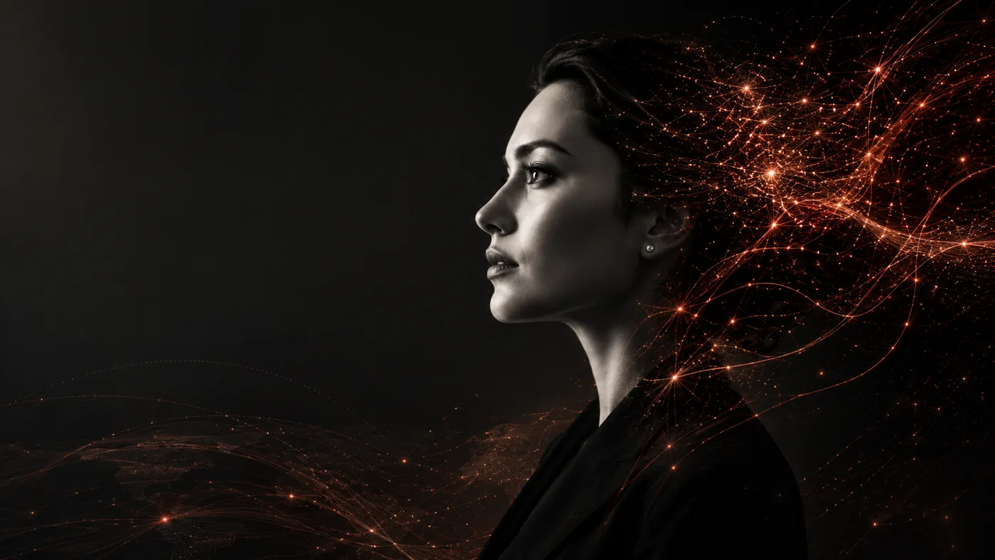 A professional shown in profile with abstract red data streams, representing Cipher7 AI led transformation